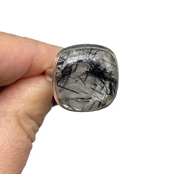 Rutilated Quartz Ring Size 11 Solid 925 Sterling Silver Black Tourmaline Rutile - Picture 8 of 9